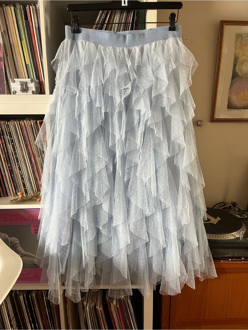 Anthropologie Chรฉri Ruffled Tulle Midi Skirt Seaglass Sz M